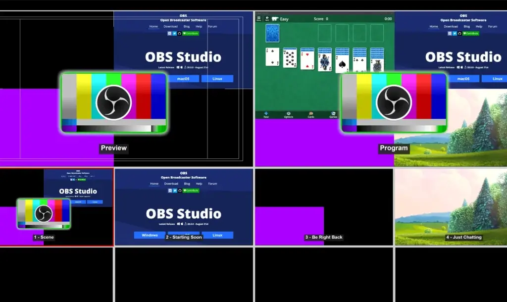 OBS Studio Multiview displaying preview, program output, and multiple broadcast scenes