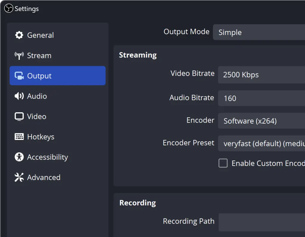 OBS Studio Output settings showing video bitrate, audio bitrate, encoder, and recording options