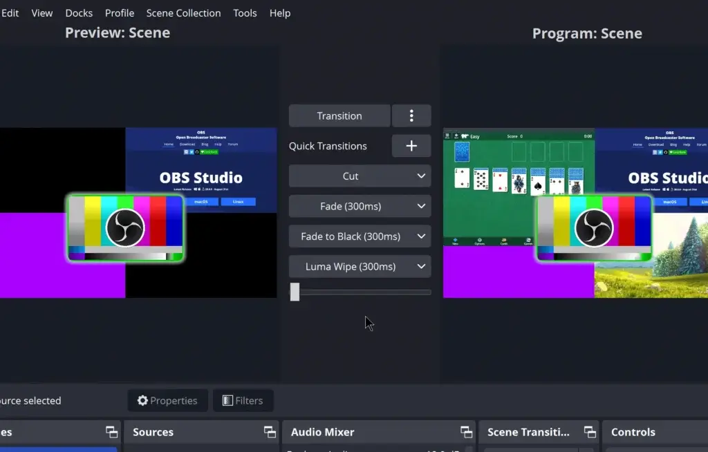 OBS Studio Studio Mode with separate preview and program windows and transition controls