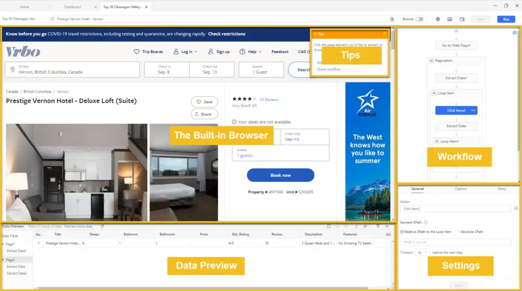 Octoparse workspace with built-in browser, visual scraping workflow, data preview, and extraction settings