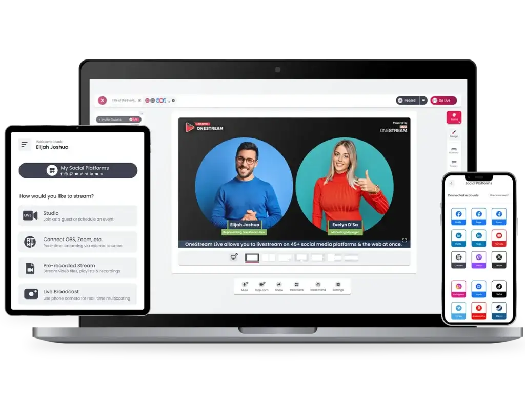OneStream Live dashboard and streaming studio displayed across laptop, tablet, and mobile devices