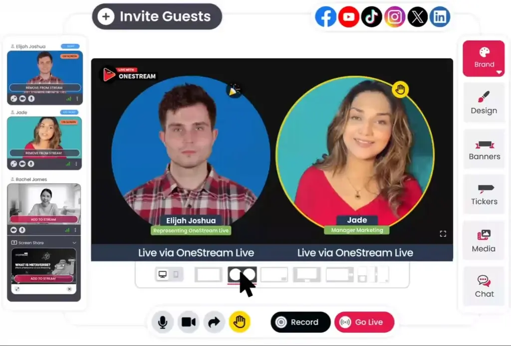 OneStream Live Studio showing guest controls, branding tools, layouts, chat, recording, and live streaming