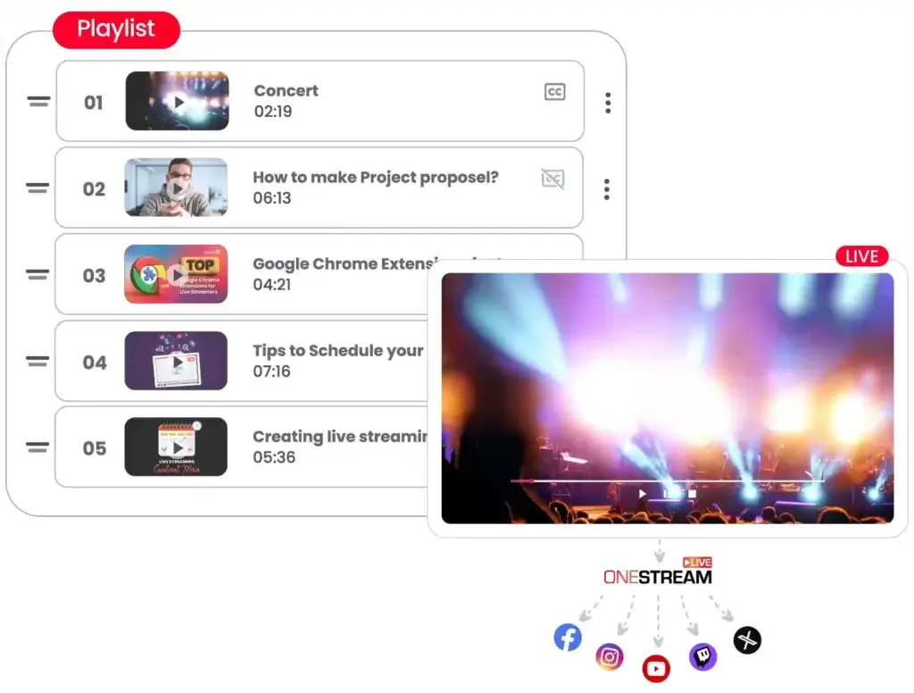 OneStream Live playlist scheduling interface for streaming multiple pre-recorded videos