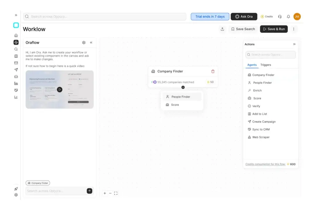 Oppora.ai workflow builder with Company Finder and options for enrichment, scoring, verification, and CRM sync