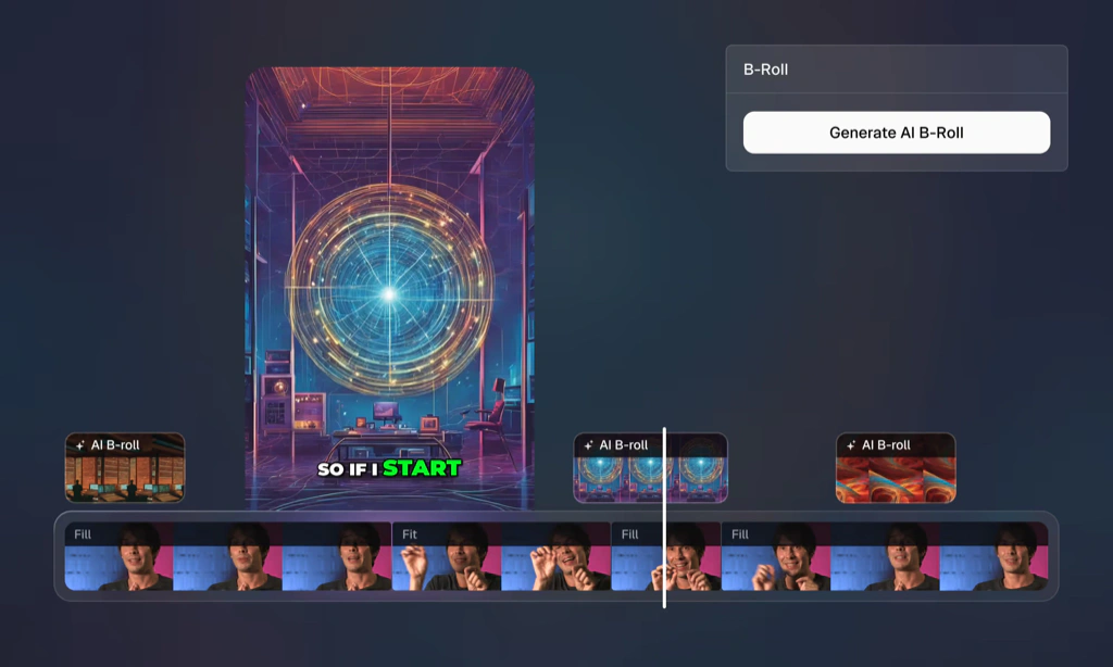 OpusClip video editor with AI B-roll generation and timeline controls