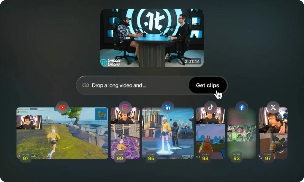 OpusClip interface turning a long video into multiple scored social media clips