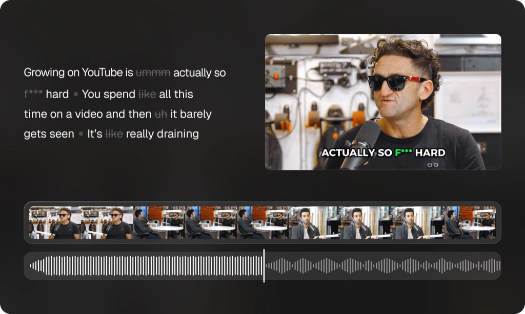 OpusClip transcript editor with removed filler words, video timeline, and audio waveform