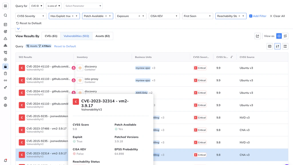 Orca Security vulnerability results filtered by exploit, patch, exposure, and CISA KEV status
