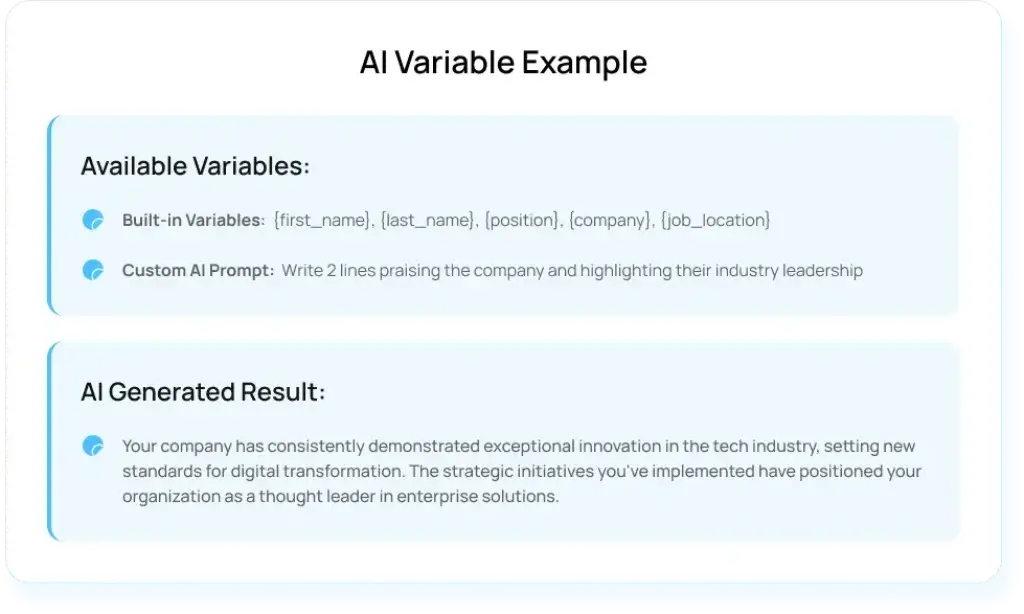 Oppora.ai AI variable example showing built-in fields, a custom prompt, and generated personalization text