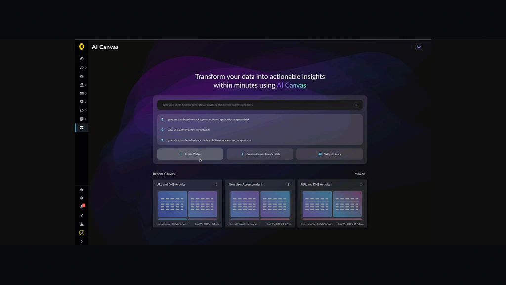 AI Canvas interface with dashboard prompts, widgets, and recent canvases