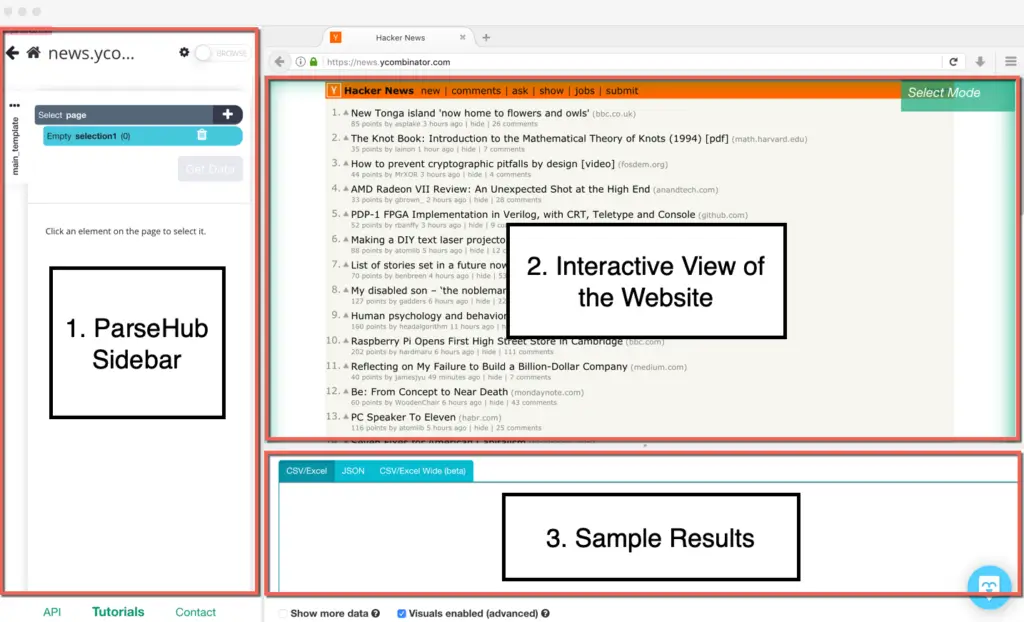 ParseHub interface with selection sidebar, interactive website view, and sample extraction results