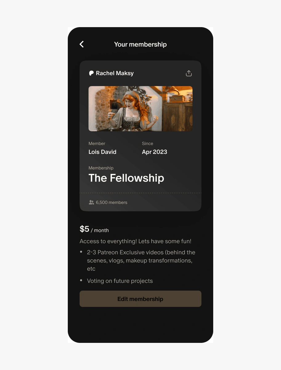 Patreon membership page showing a five-dollar monthly tier and included benefits