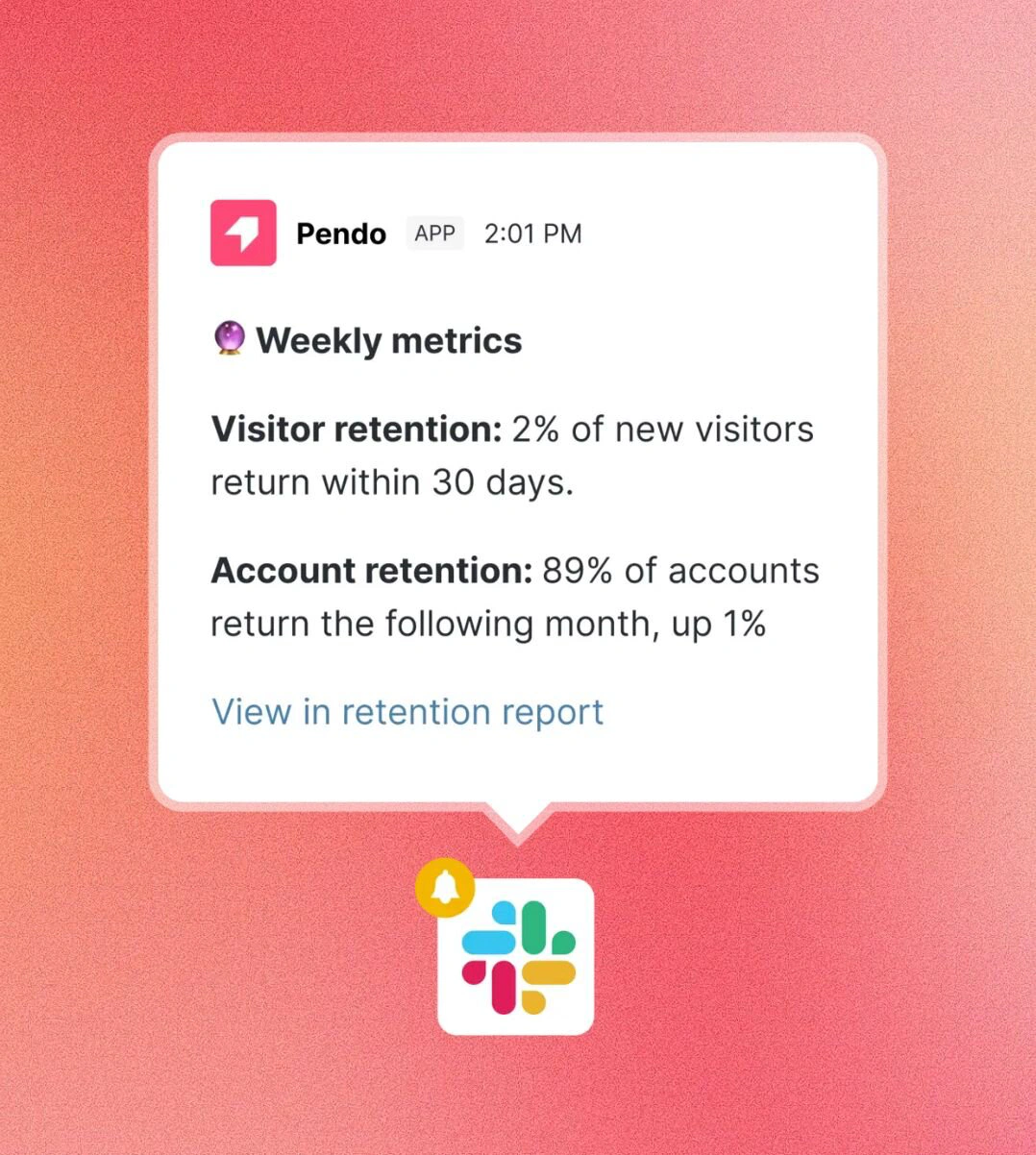 Pendo weekly visitor and account retention metrics displayed in Slack