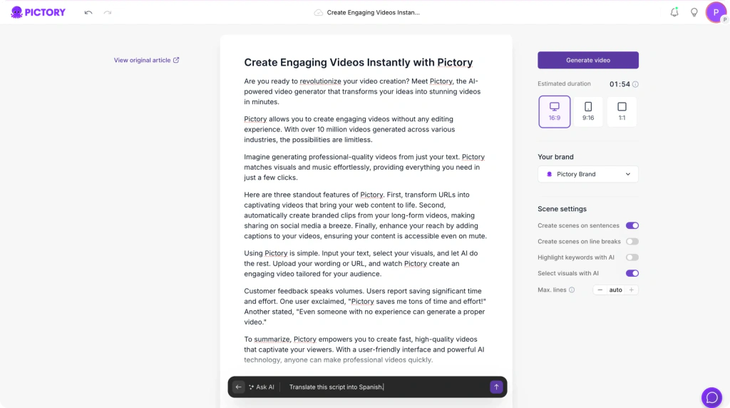 Pictory article-to-video screen with Ask AI translation prompt and scene settings