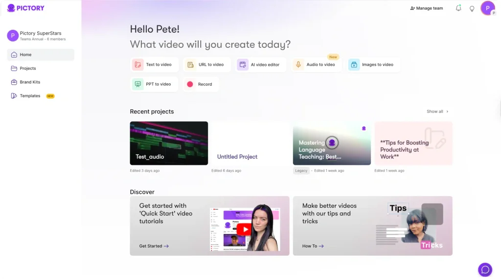 Pictory dashboard with text, URL, audio, image, PowerPoint, recording, and AI video tools