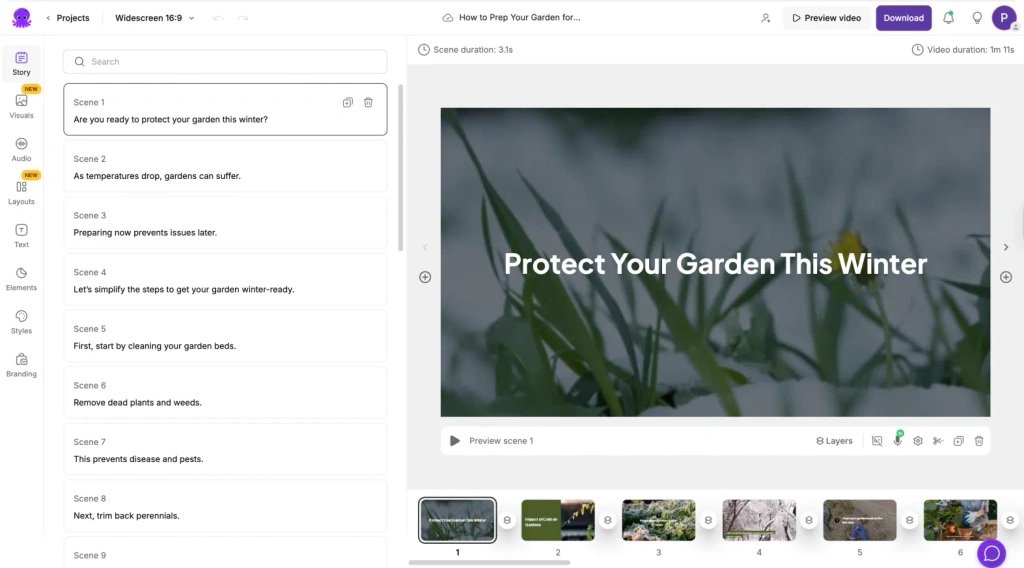 Pictory video editor with scene script, preview canvas, and storyboard timeline