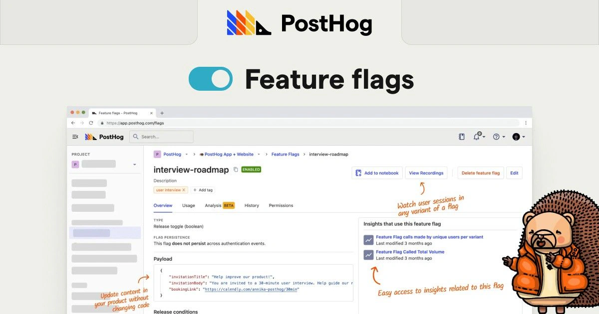 PostHog feature flag page showing an enabled flag, payload, analysis, and related recordings