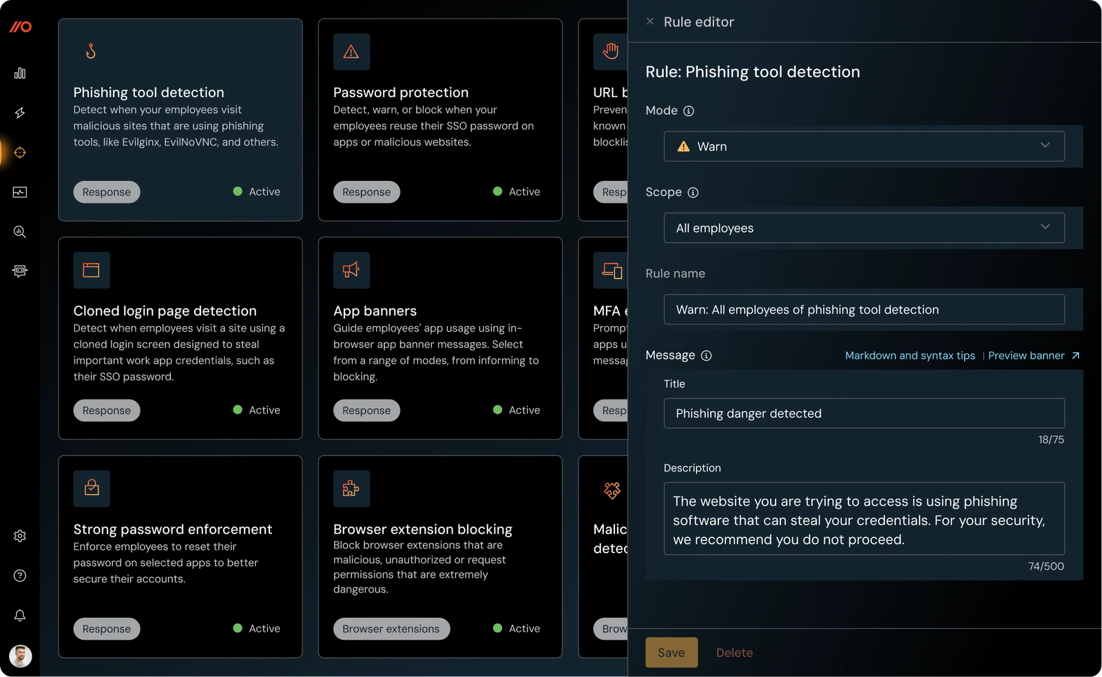 Push Security rule editor configuring a phishing tool detection warning