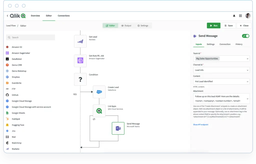 Qlik Automate workflow connecting lead data, machine learning, Salesforce, and Microsoft Teams