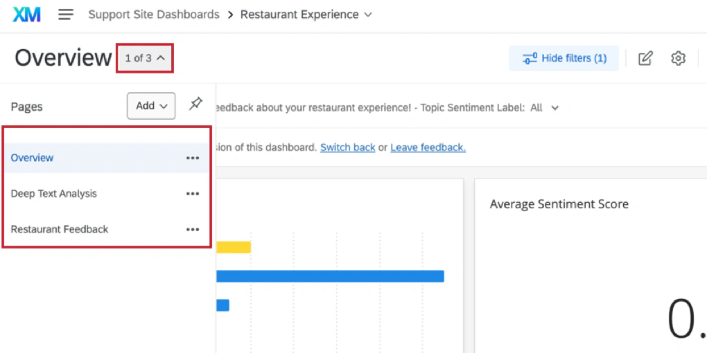 Qualtrics restaurant experience dashboard with multiple report pages
