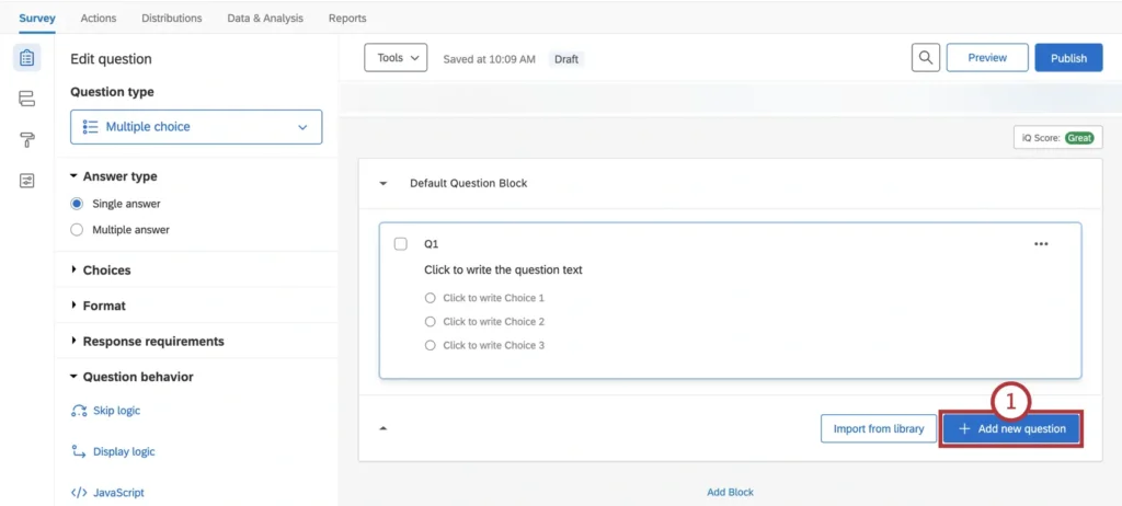 Qualtrics survey builder editing a multiple-choice question