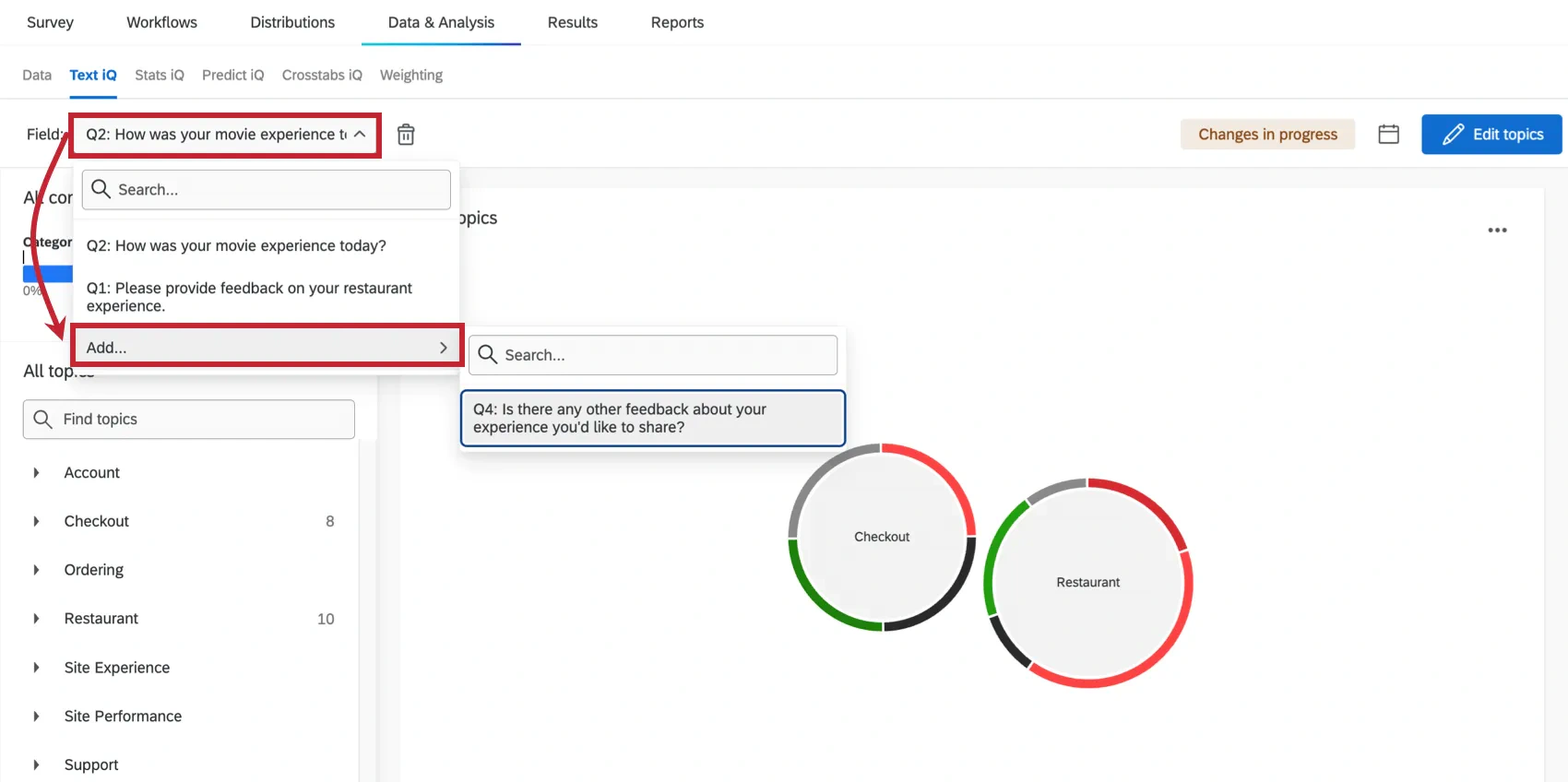 Qualtrics Text iQ workspace with feedback topics and analysis charts