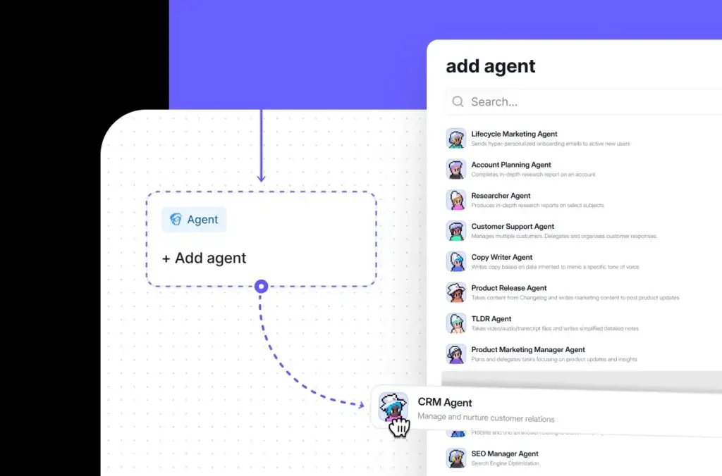 Relevance AI Workforce builder adding specialized agents to a multi-agent workflow