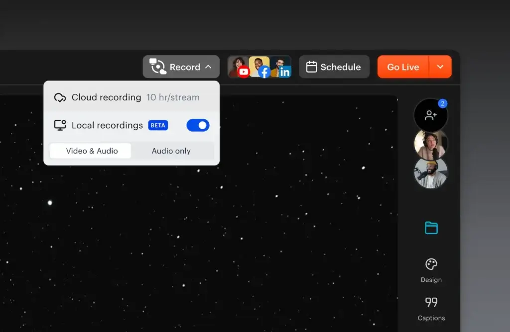 Restream Studio interface with podcast host, branding controls, captions, QR codes, and chat