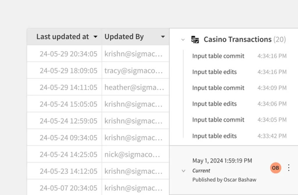 Sigma input table showing edit history and transaction updates