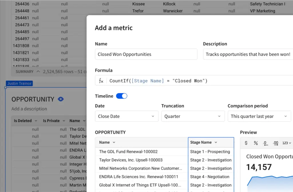 Sigma metric builder creating a closed won opportunities calculation