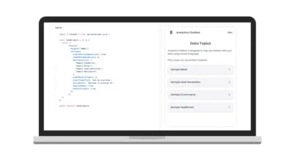 Sisense analytics chatbot and application code displayed on a laptop