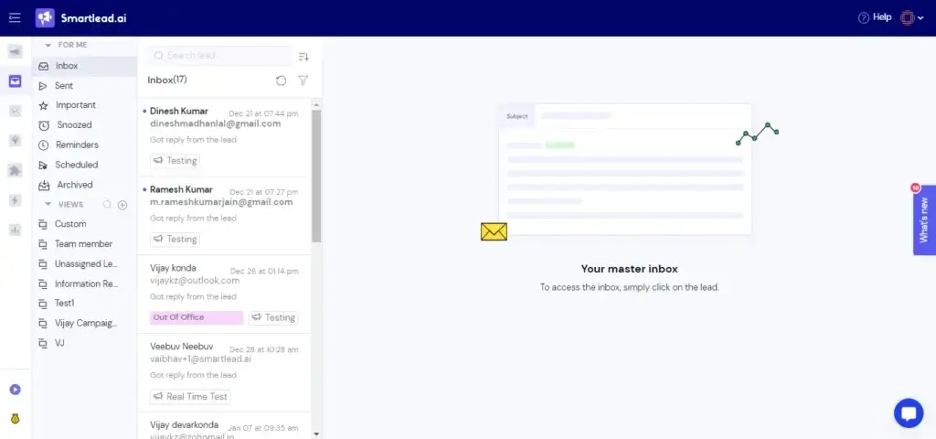 Smartlead Master Inbox centralizing prospect replies, labels, reminders, and team views