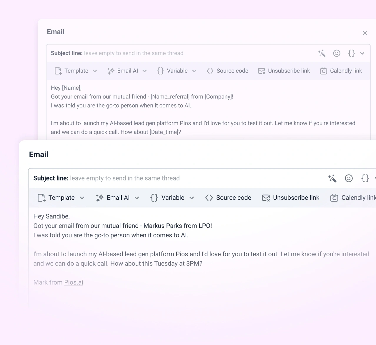 Snov.io email editor showing a template and personalized message