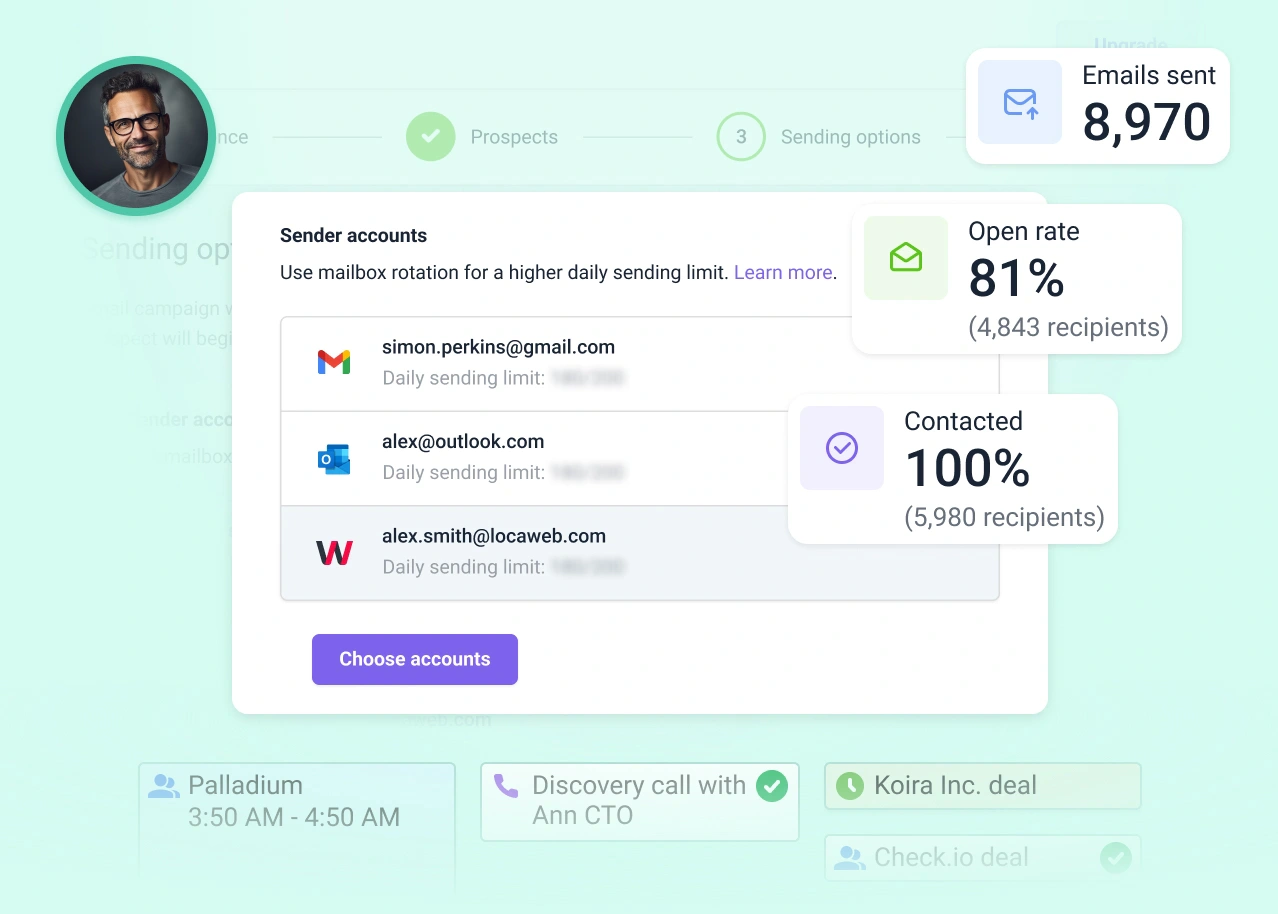 Snov.io mailbox rotation screen with sender accounts and campaign metrics