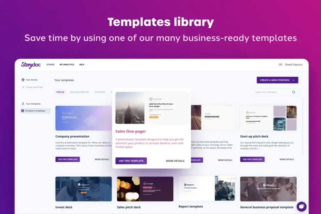 Storydoc template library showing company presentations, sales one-pagers, pitch decks, reports, and proposals