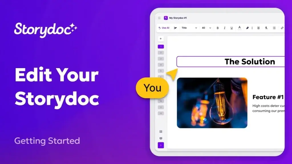 Storydoc presentation editor showing slide navigation, AI editing tools, text formatting, and image content