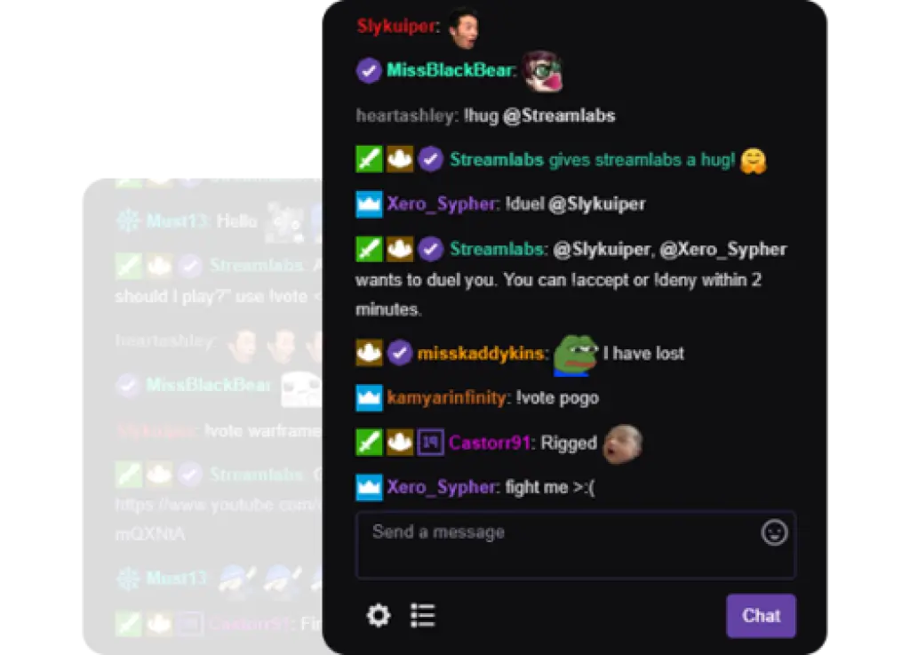 Streamlabs Cloudbot chat showing commands, votes, duels, and automated messages during a livestream