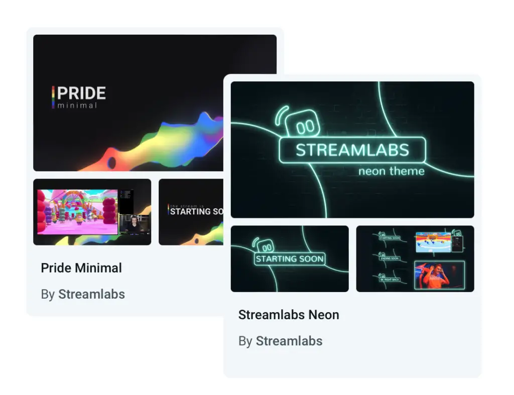 Streamlabs overlay library showing Pride Minimal and Streamlabs Neon theme packages