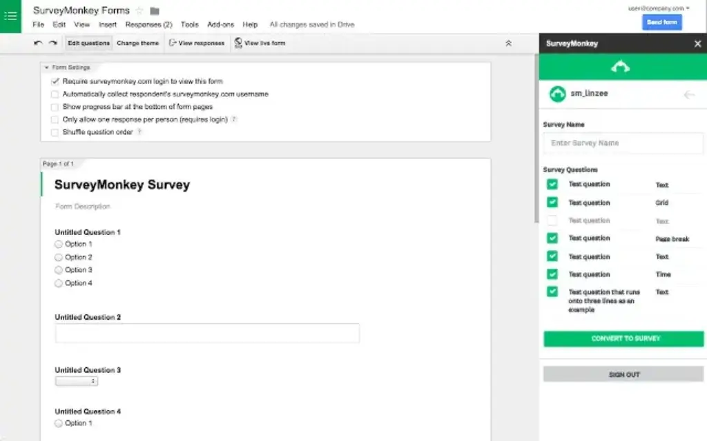 SurveyMonkey survey workspace with question settings and form conversion controls