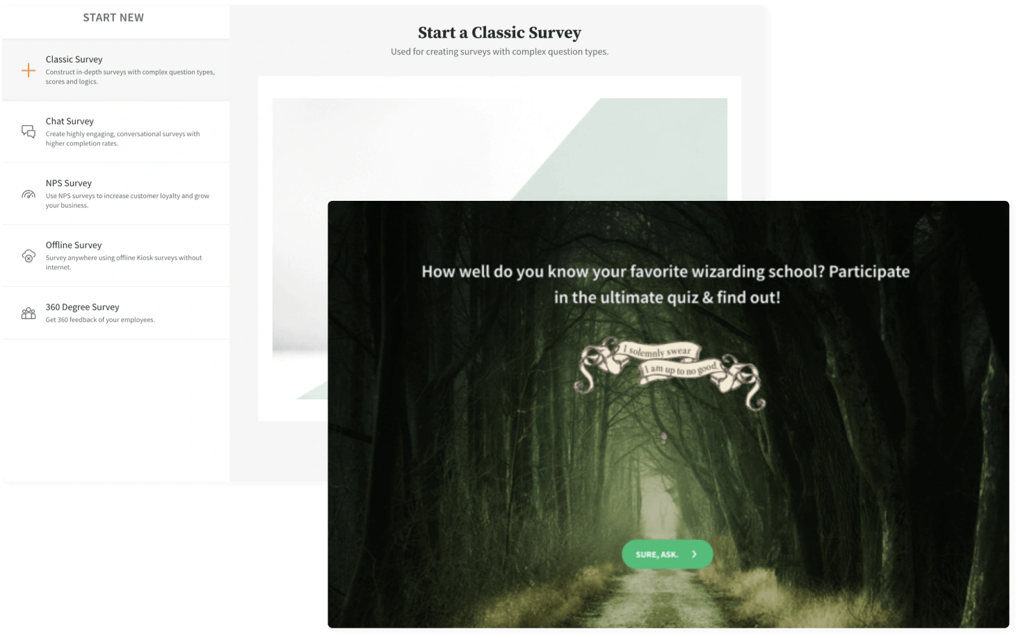 SurveySparrow survey type menu and themed quiz preview
