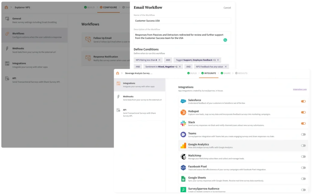 SurveySparrow email workflow conditions and integration settings