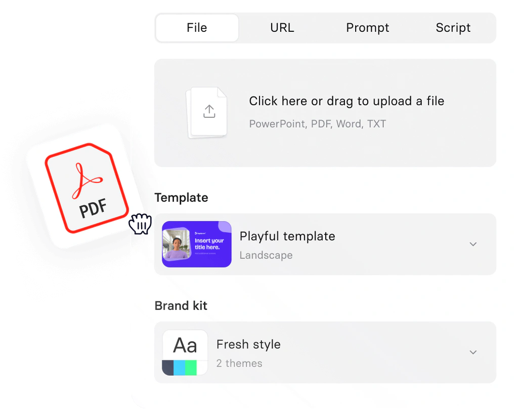 Synthesia file upload screen for creating videos from PowerPoint, PDF, Word, or text files