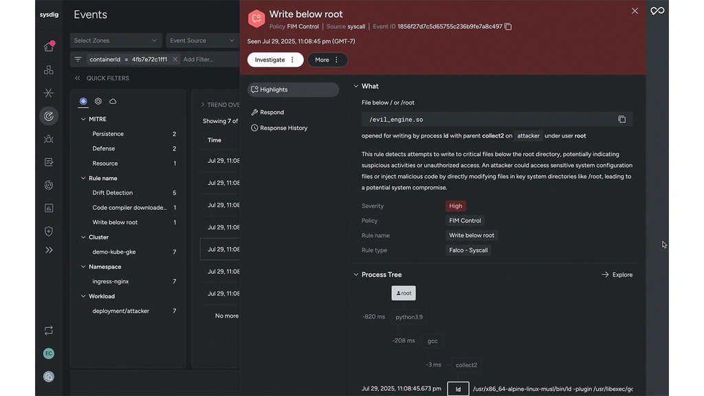 Sysdig threat event investigation showing a write-below-root alert, severity, policy, and process tree