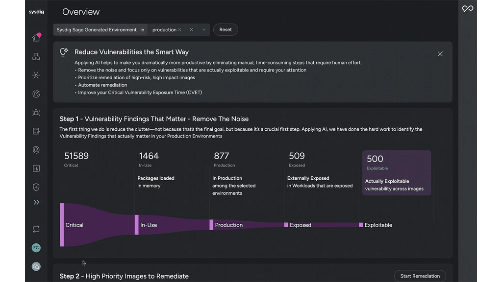 Sysdig vulnerability dashboard filtering critical findings by runtime use, production exposure, and exploitability