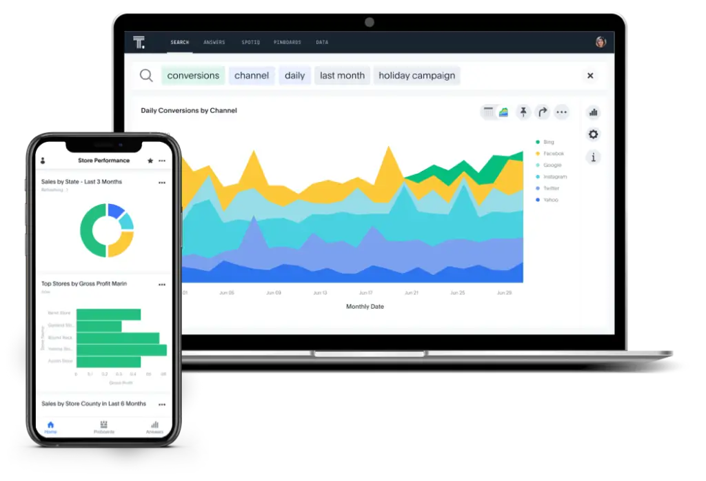 ThoughtSpot analytics search dashboard shown on laptop and mobile devices