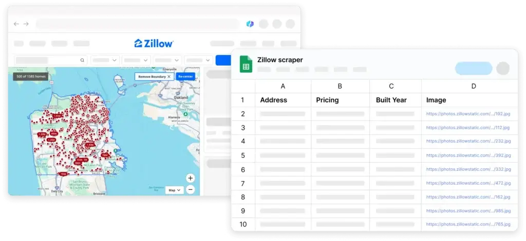 Thunderbit exporting Zillow property data with addresses, prices, build years, and image URLs to Google Sheets