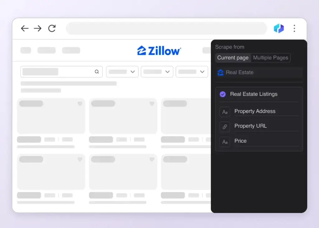 Thunderbit browser extension suggesting property address, URL, and price fields on a Zillow listings page