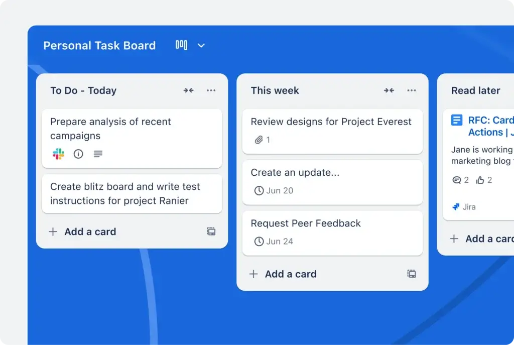Trello personal task board with Today, This Week, and Read Later lists