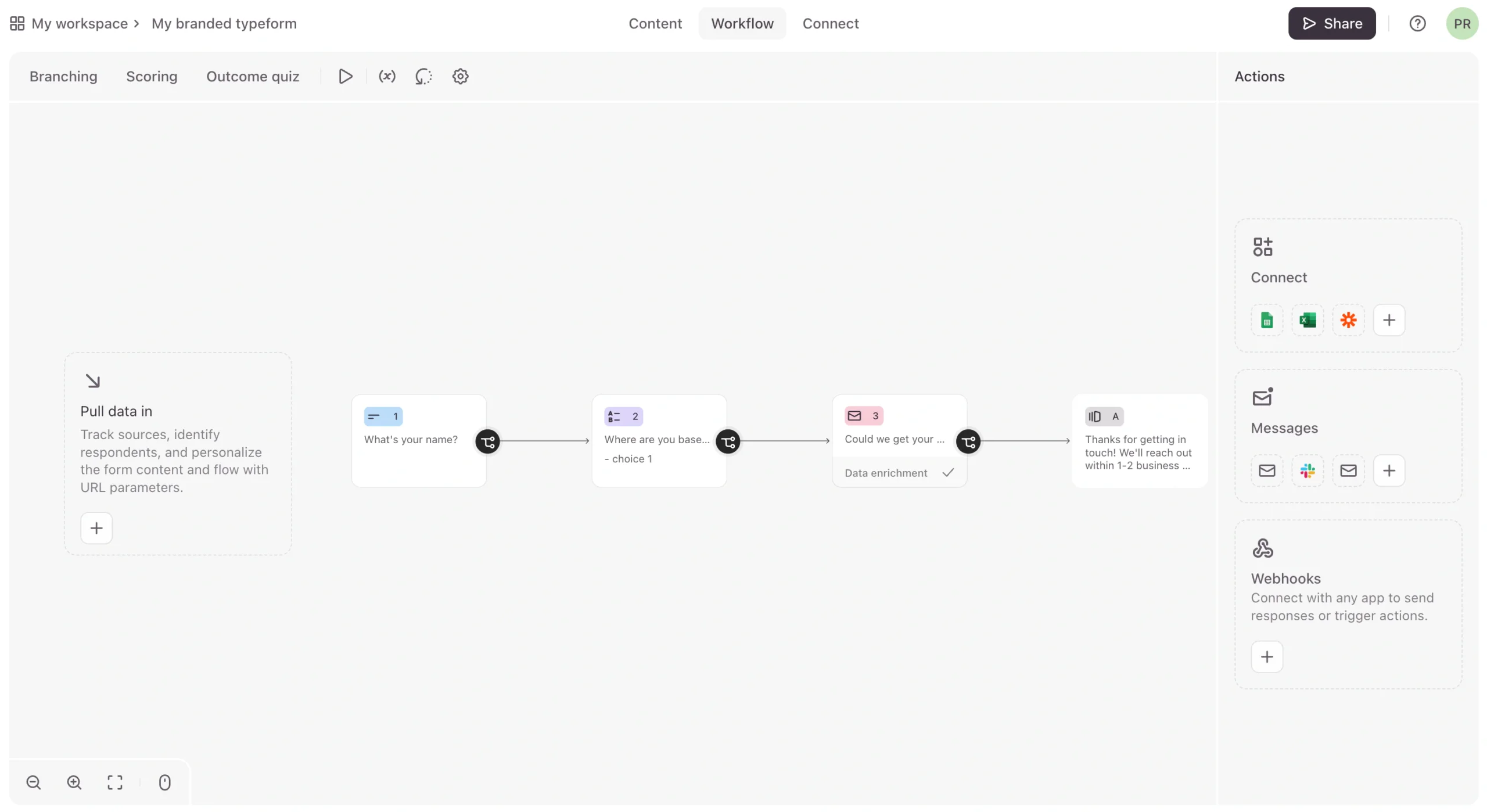 Typeform workflow showing branching, data enrichment, integrations, messages, and webhooks