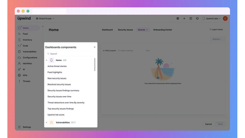 Upwind dashboard component selector listing security and vulnerability widgets